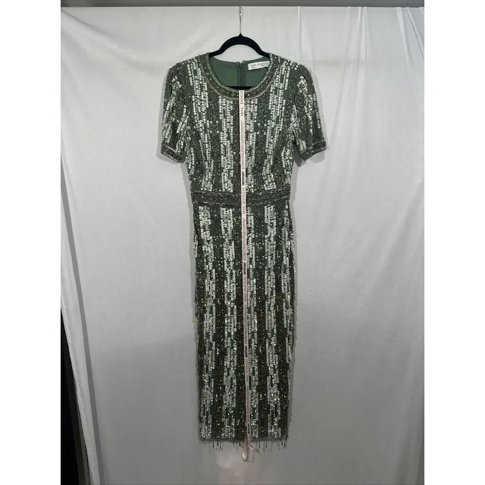 NWT Mac Duggal [ 8 ] 5980 High Neck Short‎ Sleev Crystal Fringe Dress Sage Q931